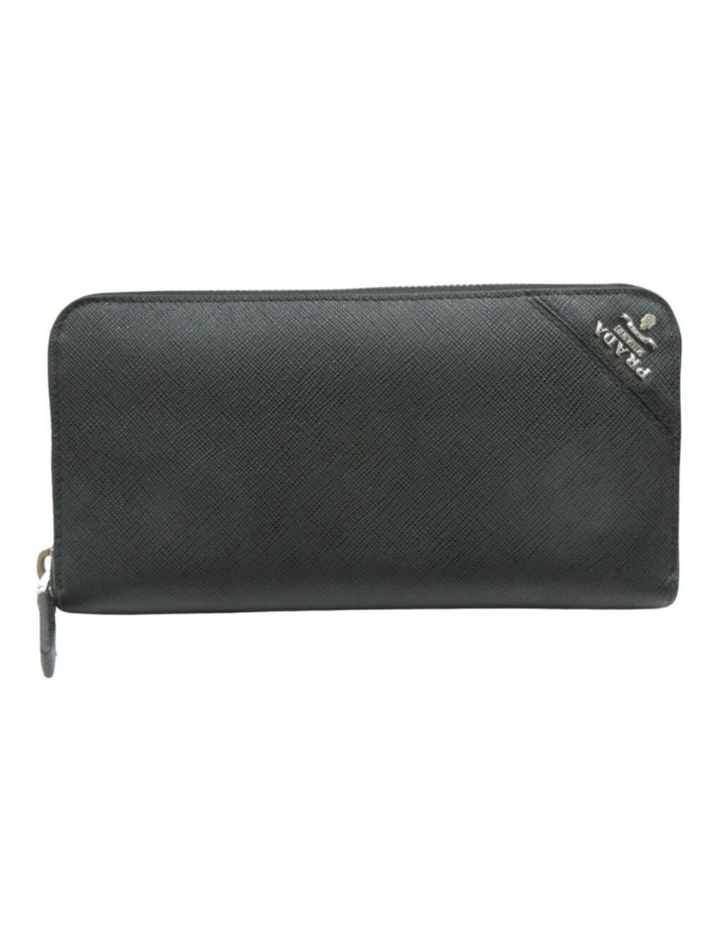 Prada Saffiano Metal Wallet Case Round Zip Triangle Logo Black